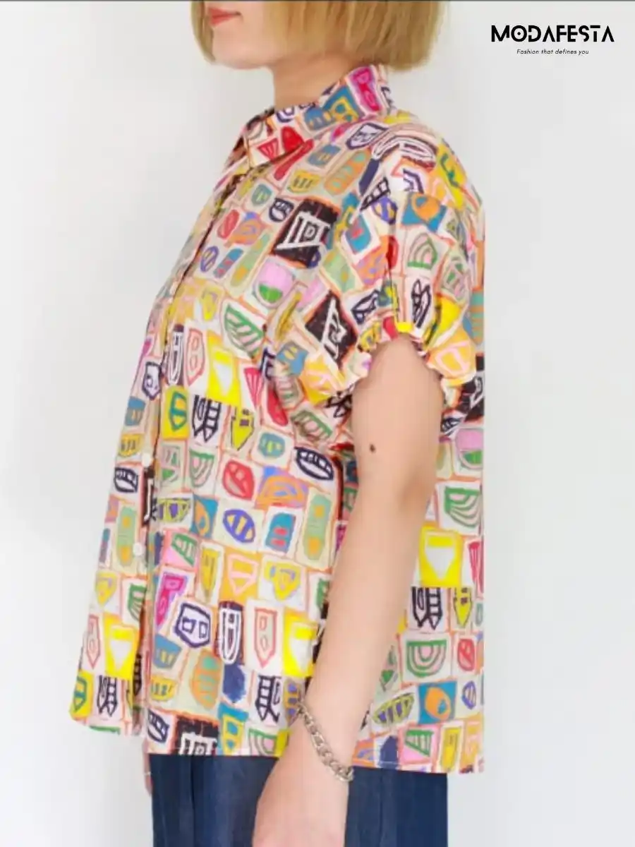 ModaFesta -elegant-puff-sleeve-hand-drawn-print-shirt-orange