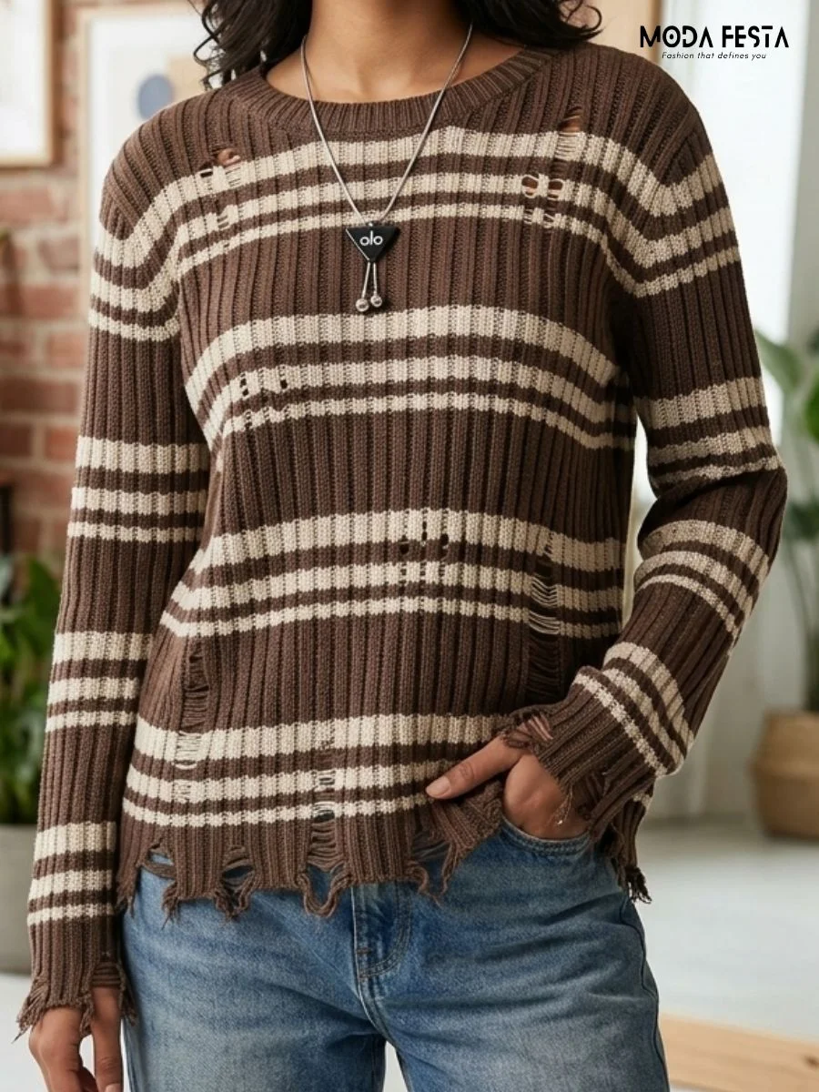 ModaFesta -distressed-striped-knit-sweater