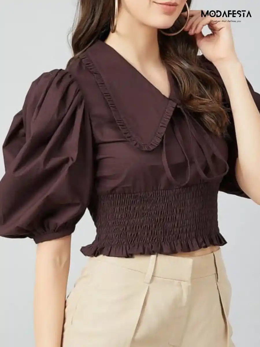 ModaFesta -elegant-tie-up-neck-puff-sleeves-smoke-top-brown