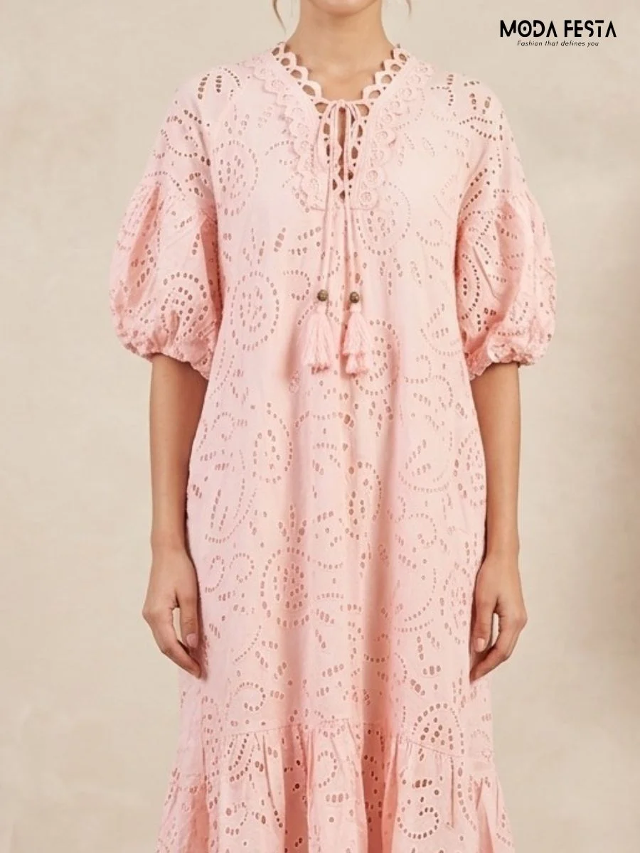 ModaFesta -peach-scallop=eyelet-dress