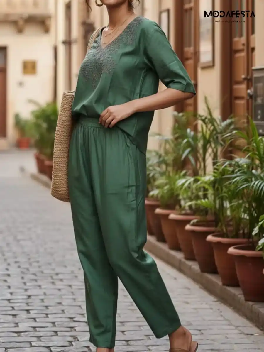 ModaFesta -elegant-v-neck-floral-embroidered-coord-set-green