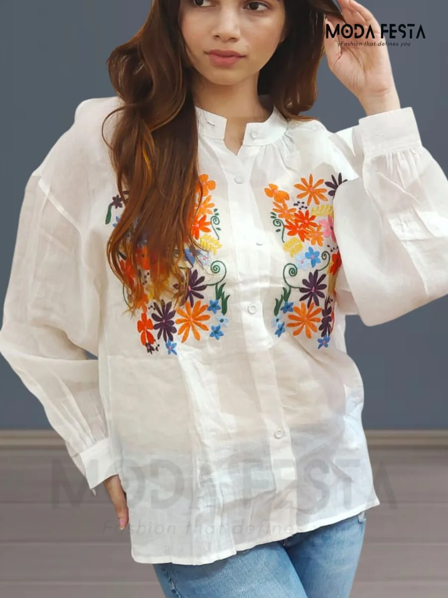 ModaFesta -embroidered-linen-top-white-mid-lenght
