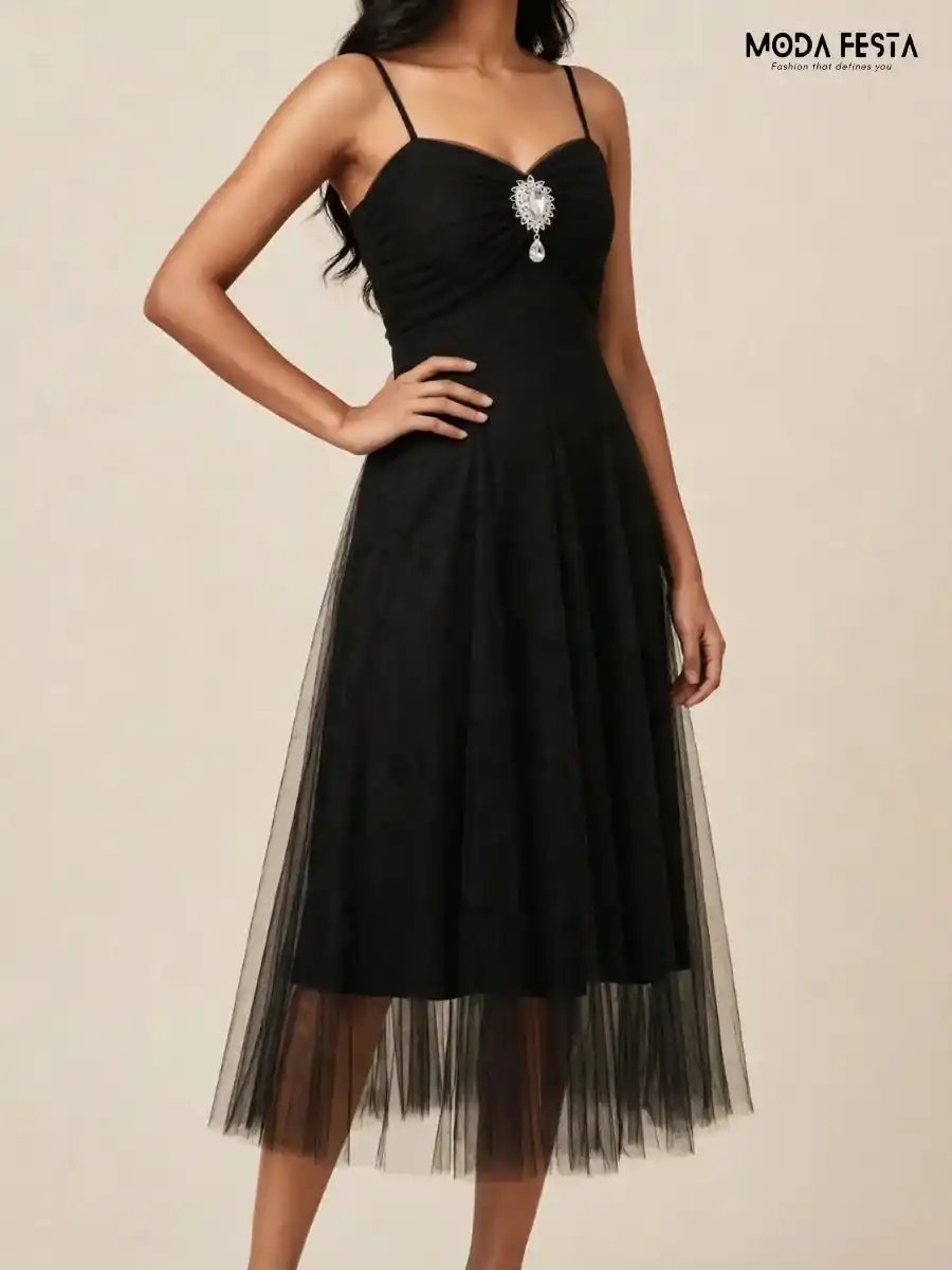 ModaFesta -black-pleated-net-midi-dress