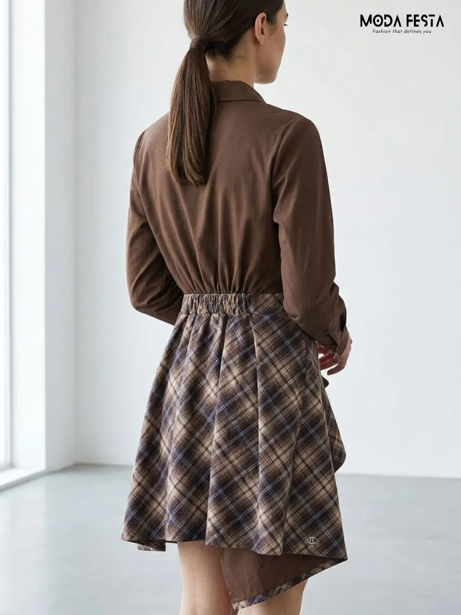 ModaFesta -brown-shirt-dress-with-a-plaid-wrap-skirt