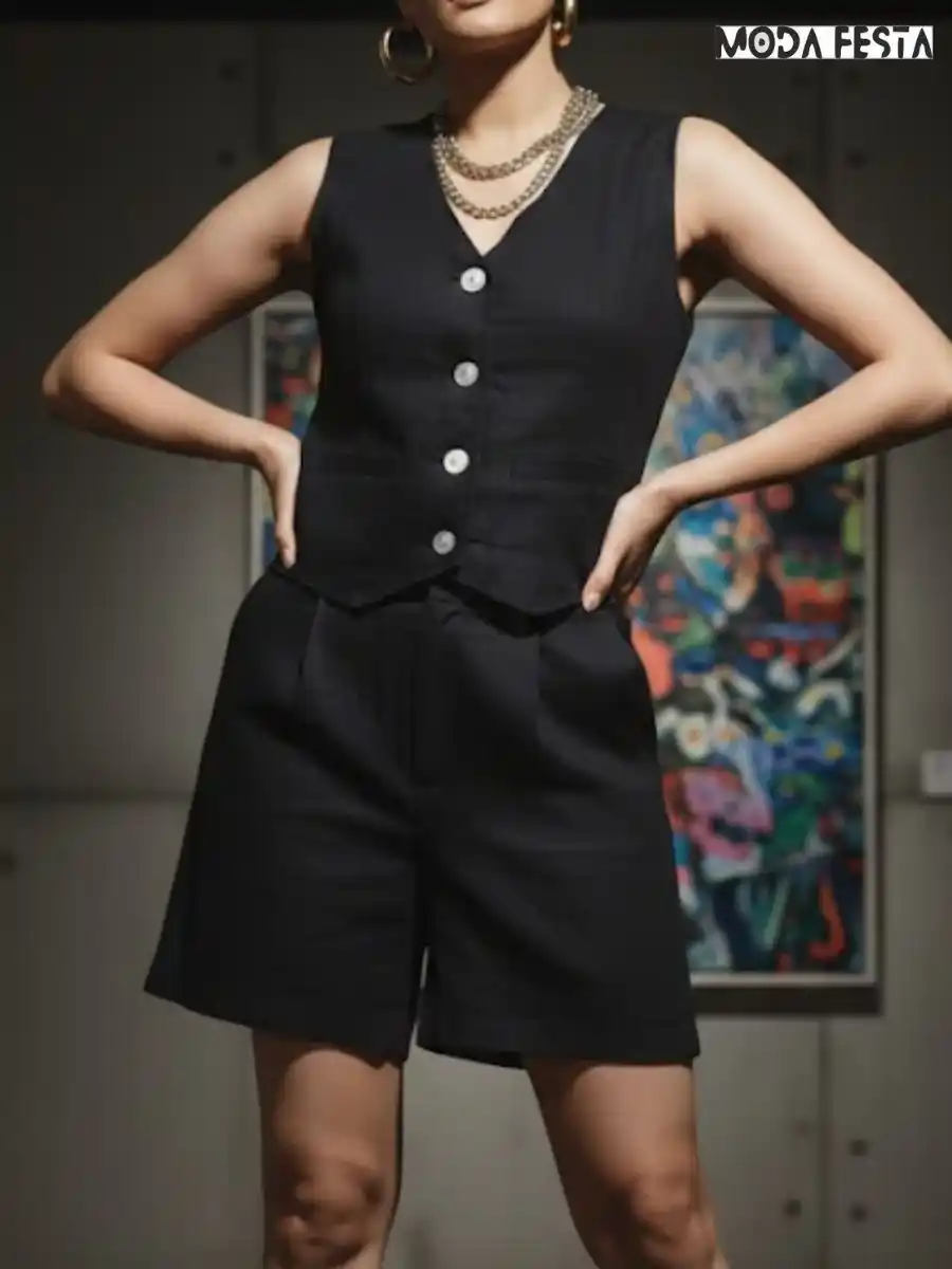 ModaFesta -elegant-waistcoat-short-coord-set-black