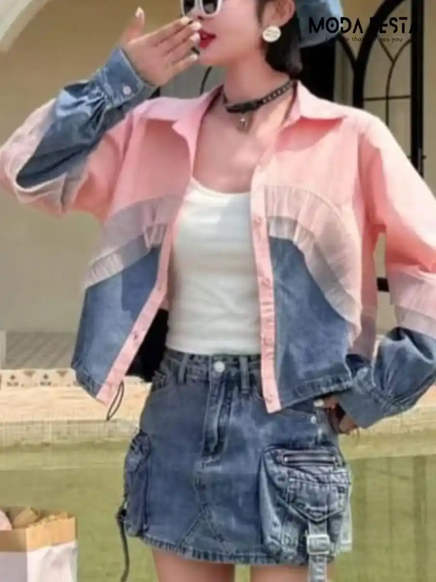 ModaFesta -elegant-half-denim-style-crop-shirt-peach