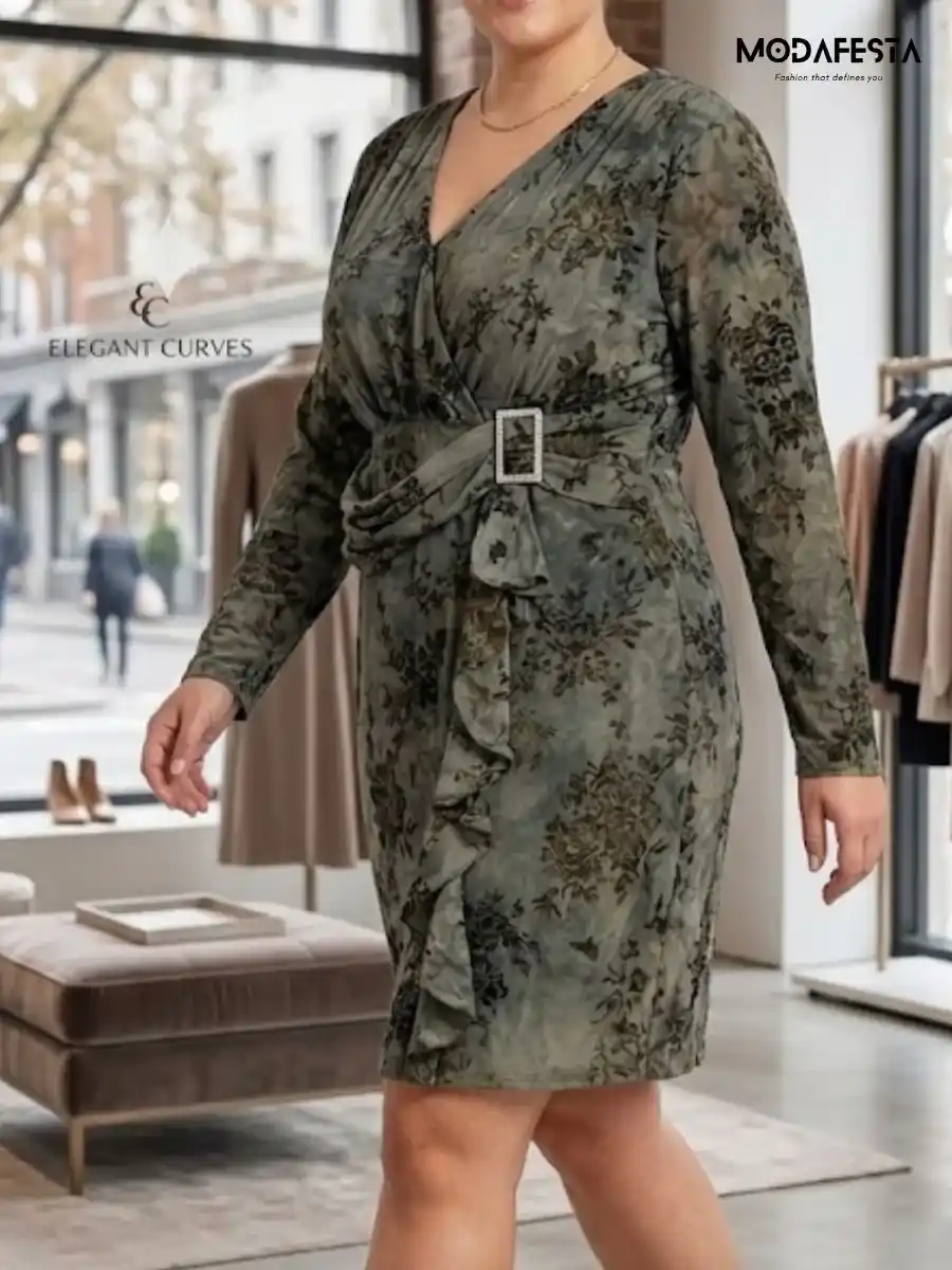 ModaFesta -elegant-floral-v-neck-velvet-short-dress-green