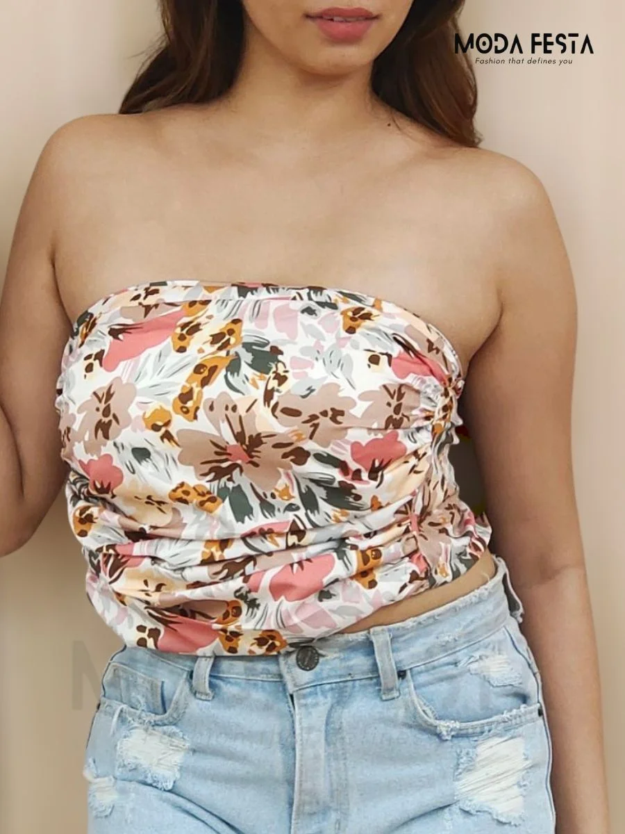 ModaFesta -stylish-floral-print-tube-top-white