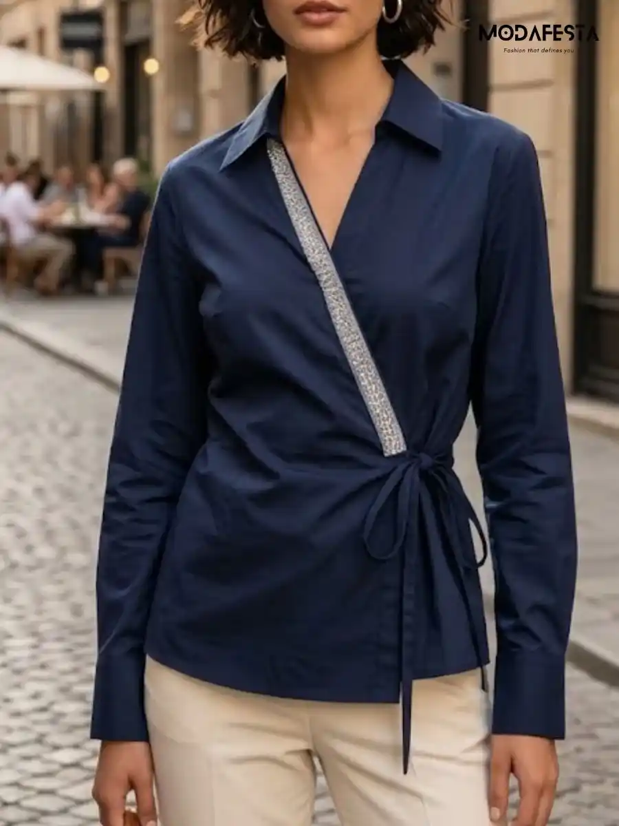 ModaFesta -elegant-v-neck-embellished-wrap-top-navy-blue