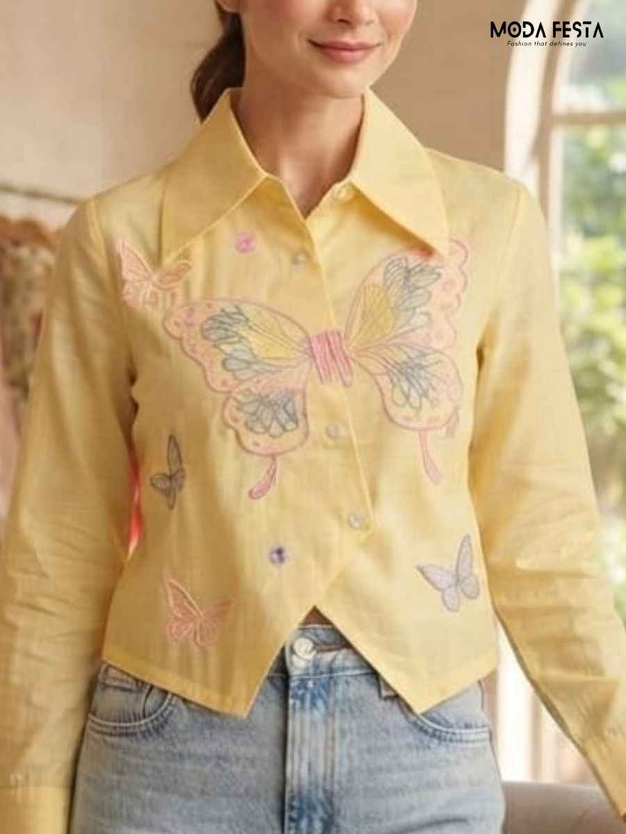 ModaFesta -pastel-yellow-butterfly-embroidered-shirt