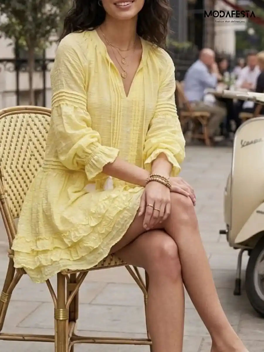 ModaFesta -elegant-boho-embroidered-tunic-dress-yellow
