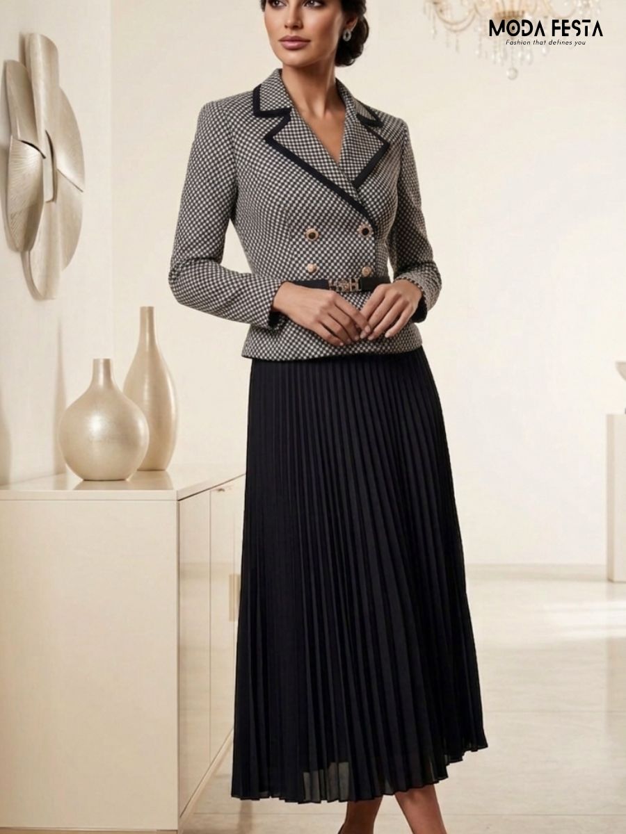 ModaFesta -houndstooth-pleated-blazer-dress