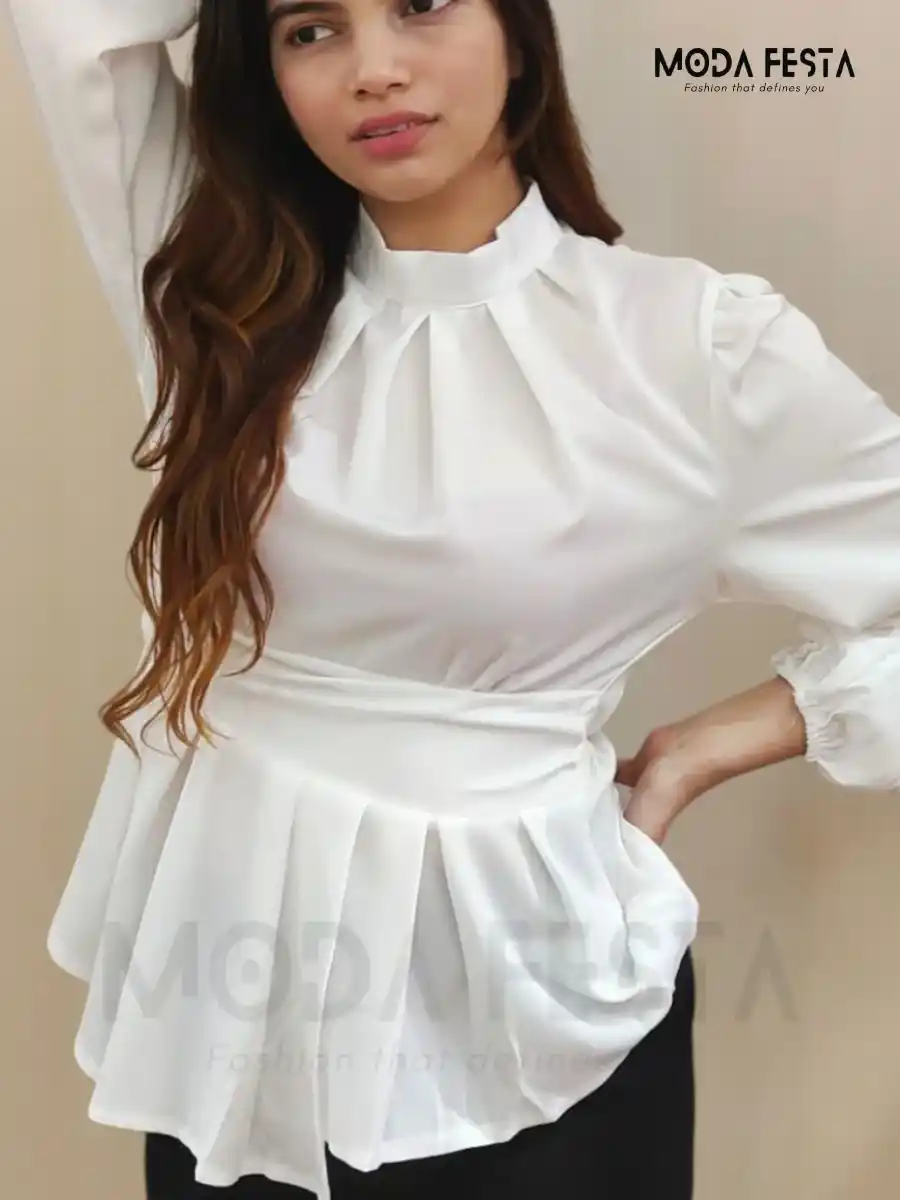 ModaFesta -white-high-neck-peplum-top