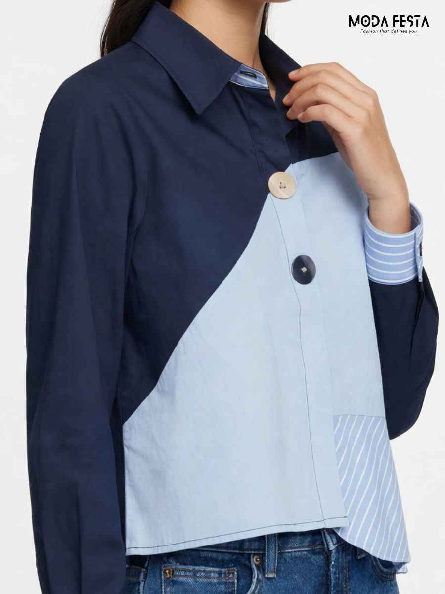 ModaFesta -navyblue-asymmetrical-colorblock-striped-patchwork-shirt
