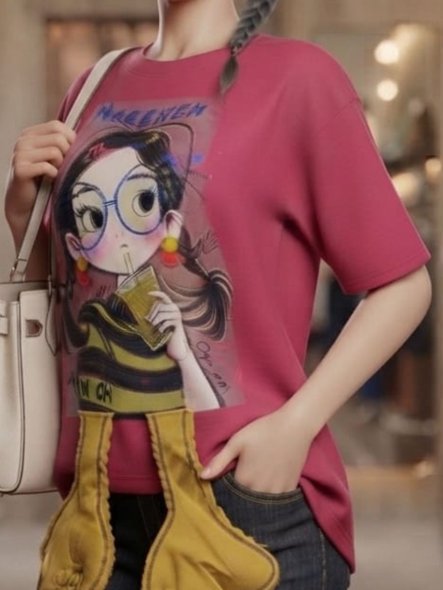 ModaFesta -womens-pink-oversized-cartoon-graphic-tshirt