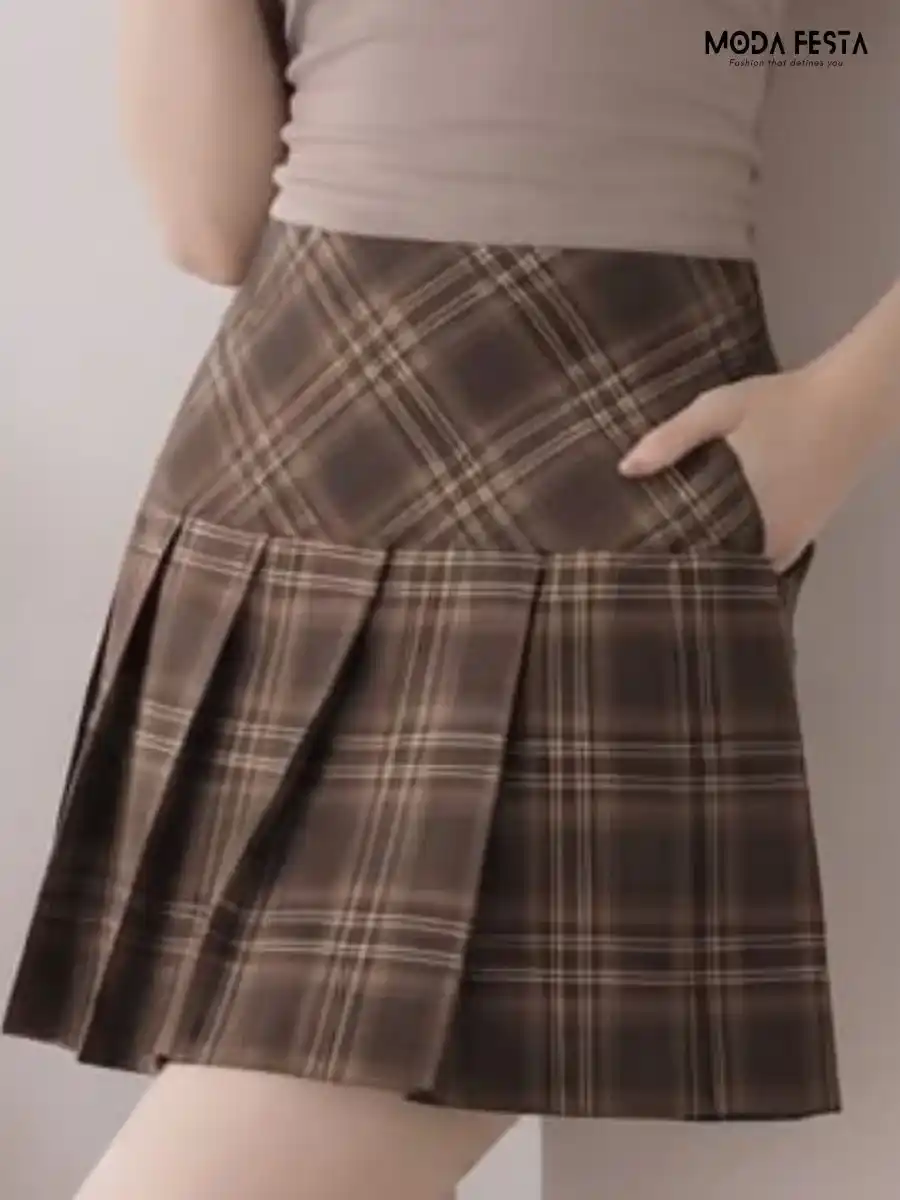 ModaFesta -brown-plaid-pleated-mini-skirt