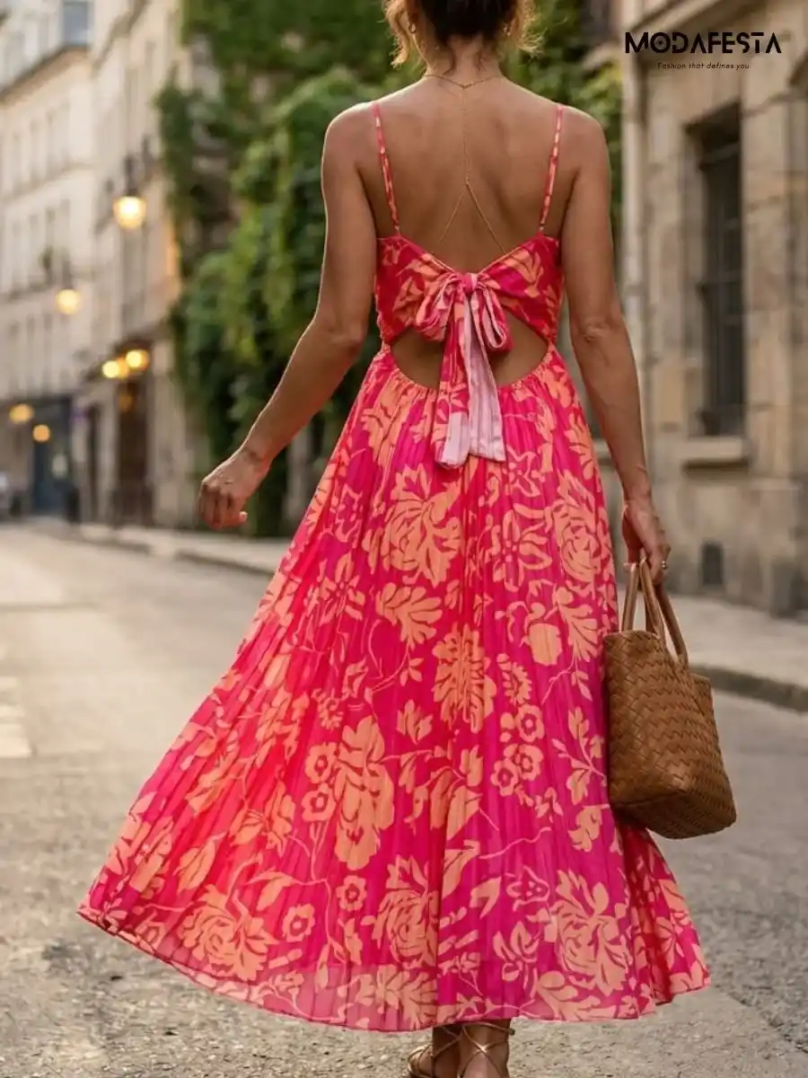 ModaFesta -elegant-pleated-v-neck-maxi-dress-with-side-knot-pink