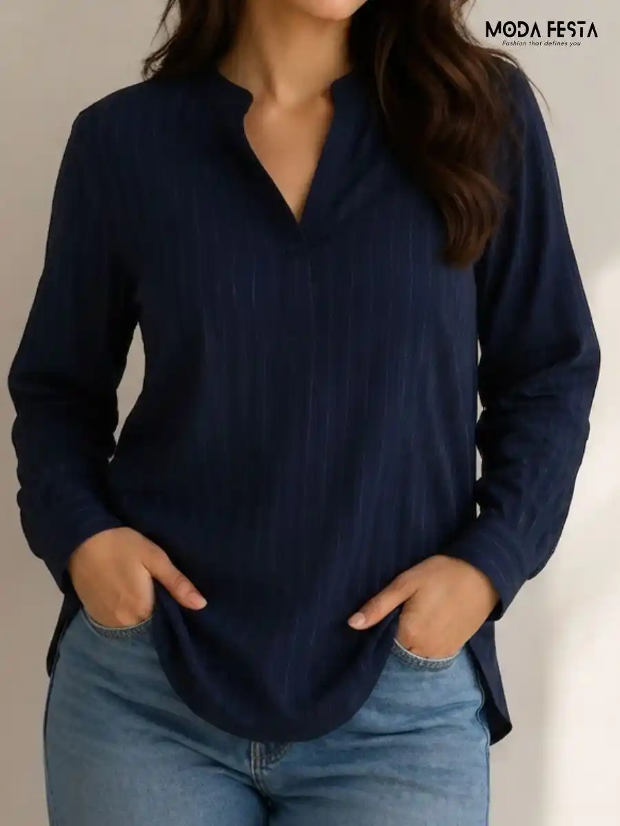 Navy Blue Striped V-Neck Long Sleeve Top