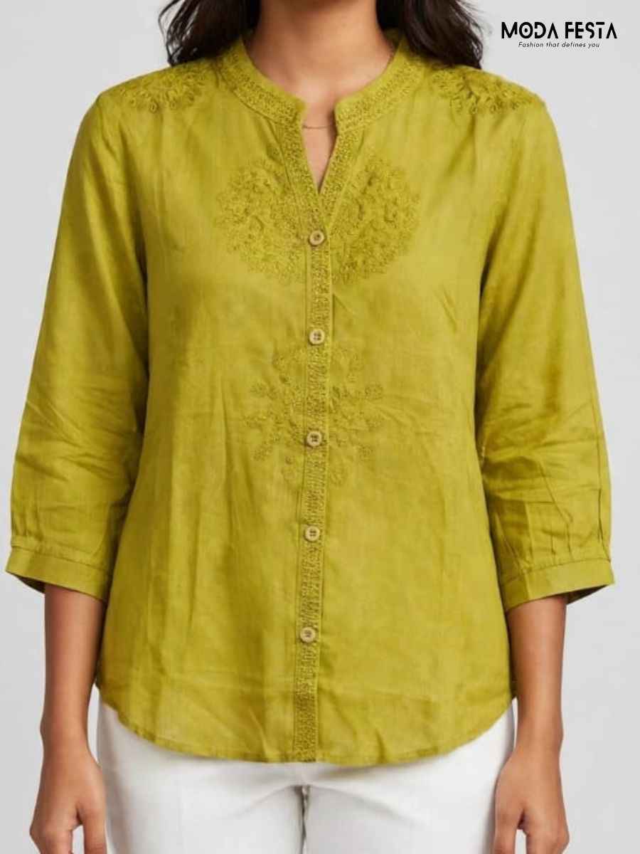 Olive Green Embroidered Mandarin Collar Button-Down Top