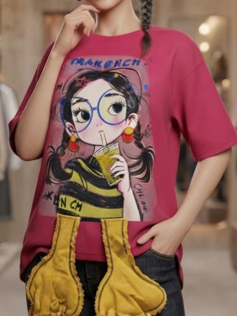 ModaFesta -womens-pink-oversized-cartoon-graphic-tshirt