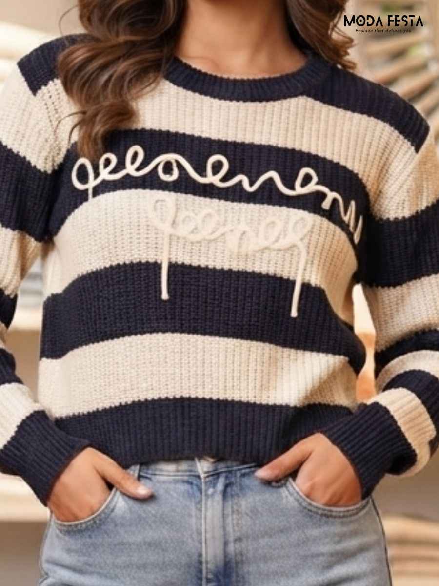 ModaFesta -navy-off-white-striped-crew-neck-knitted-top