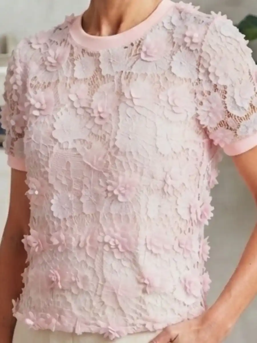 ModaFesta -pink-floral-applique-lace-crew-neck-top