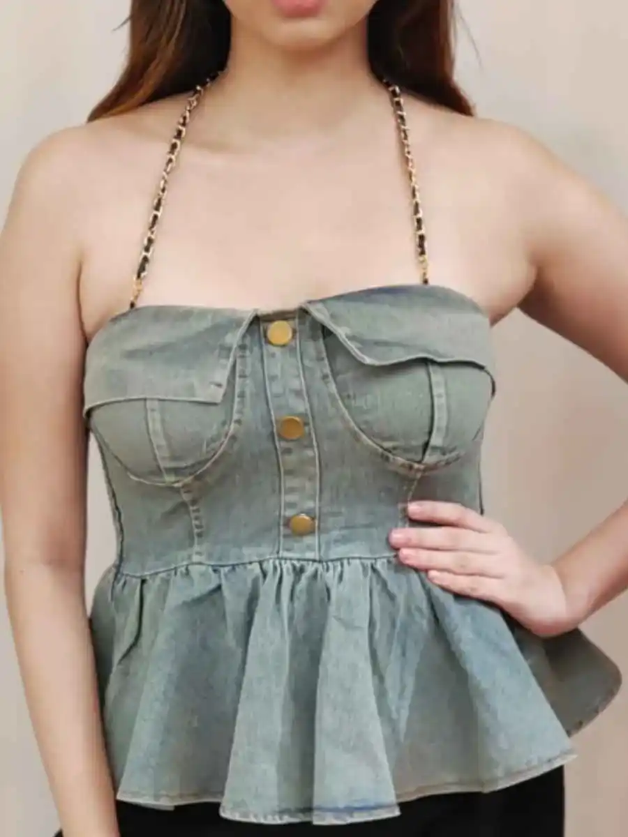 ModaFesta -chain-halter-neck-denim-top-green