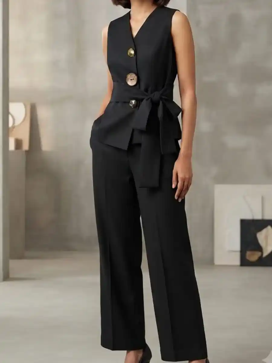 Black Sleek Sleeveless Button-Accented Vest and Wide-Leg Co-ord Set