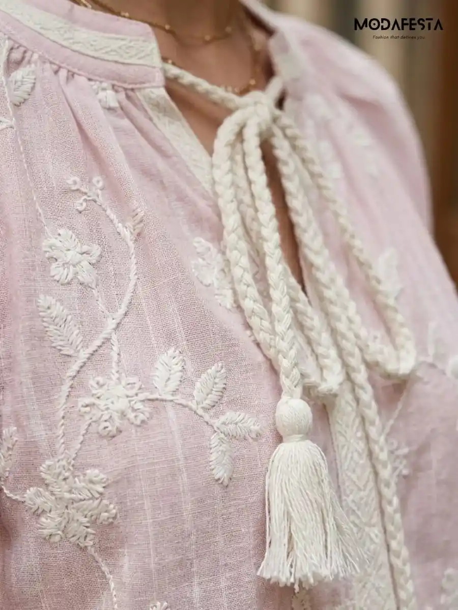 ModaFesta -elegant-floral-embroidered-v-neck-top-pink