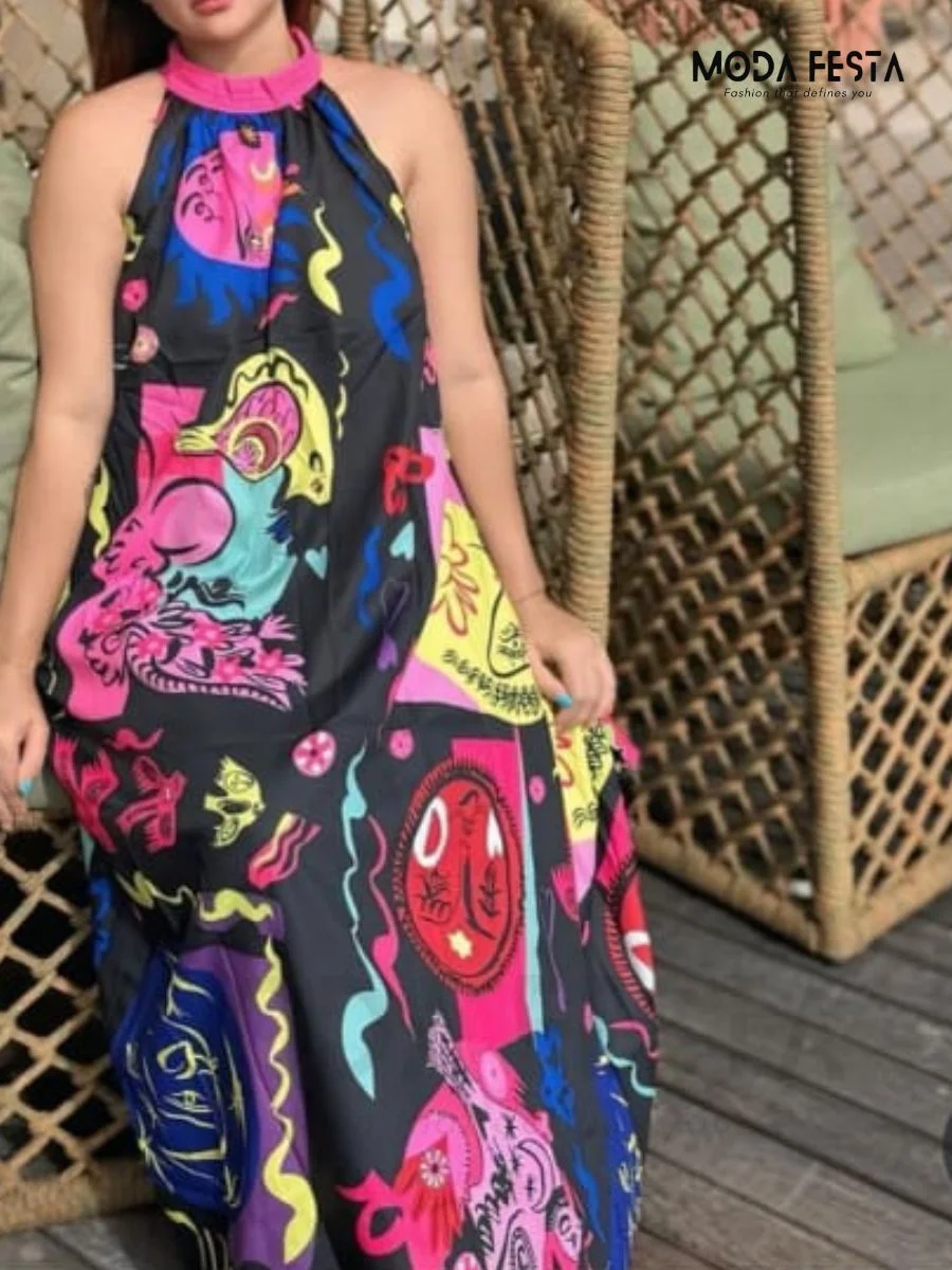 ModaFesta -abstract-print-halter-neck-dress-black