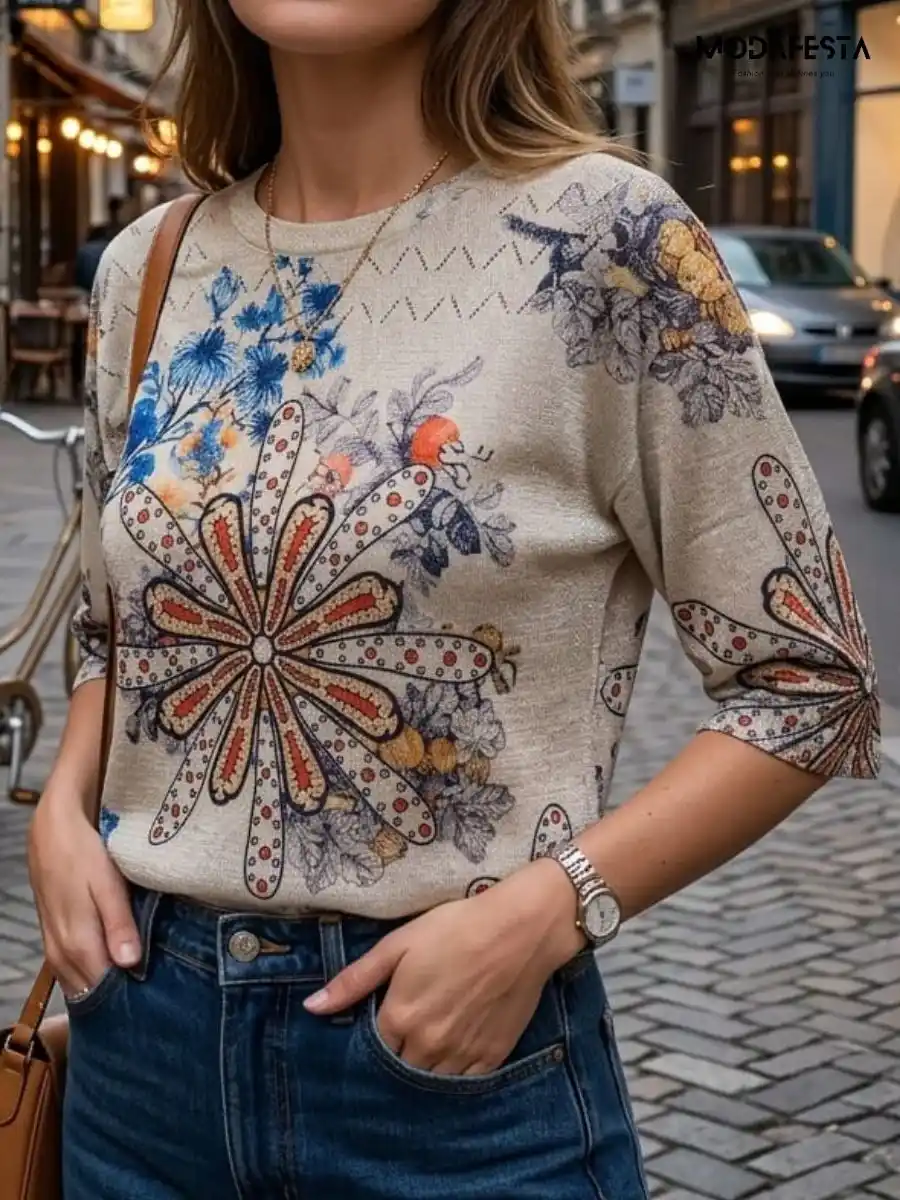 ModaFesta -elegant-shiney-floral-graphic-print-top-2-beige