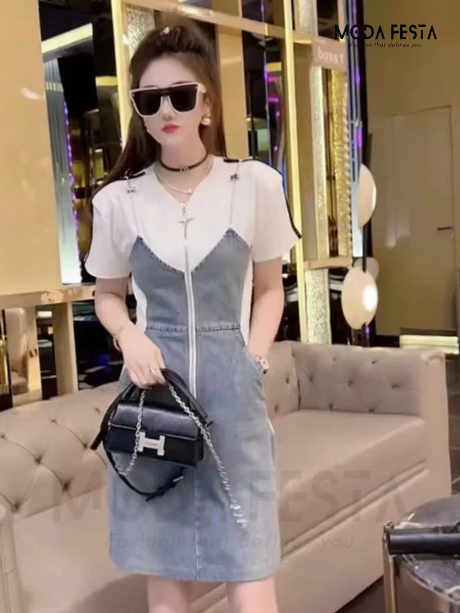 ModaFesta -chain-spliced-denim-dress-white