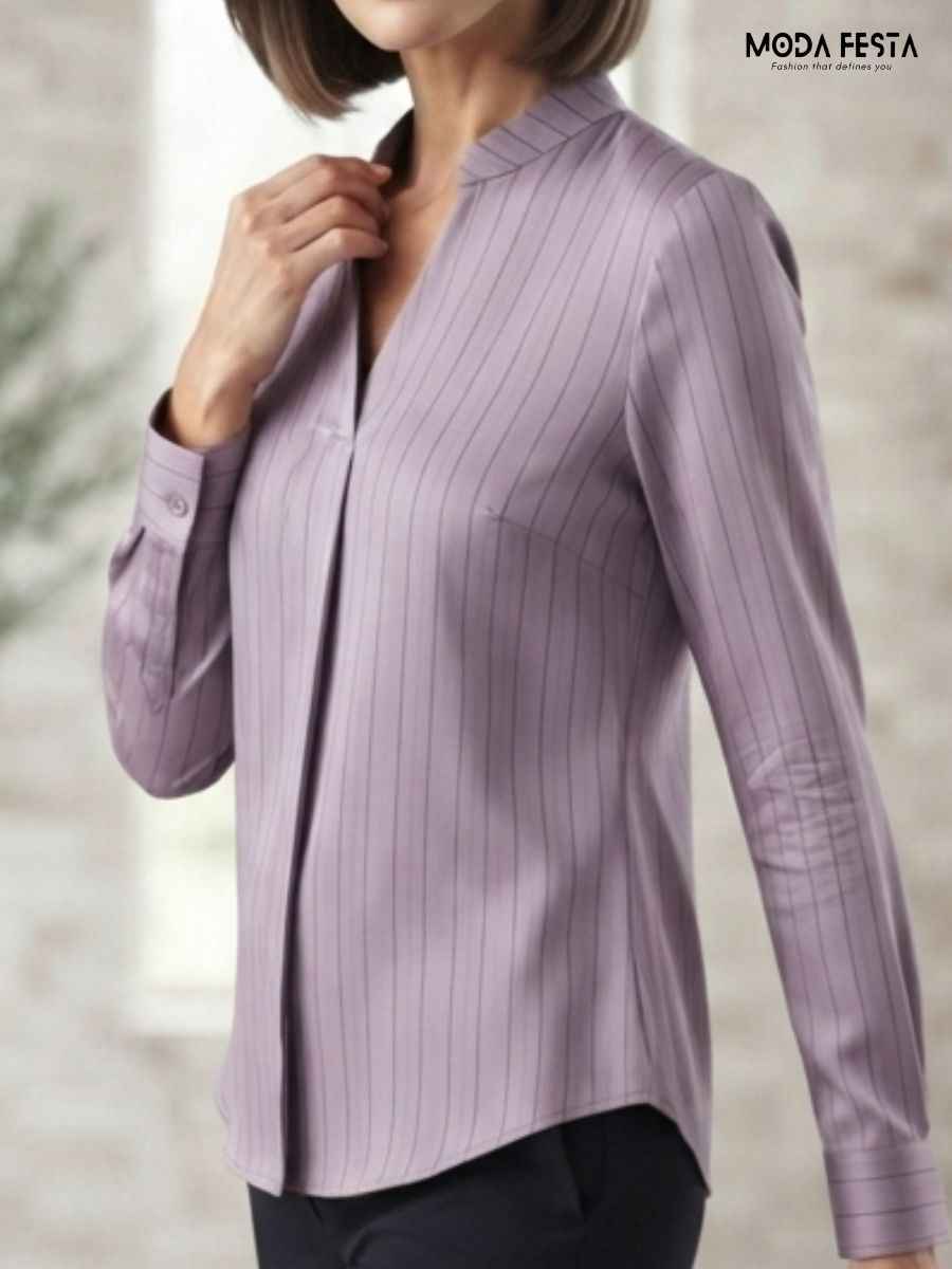 ModaFesta -elegant-lilac-pinstripe-mandarin-collar-full-sleeve-top