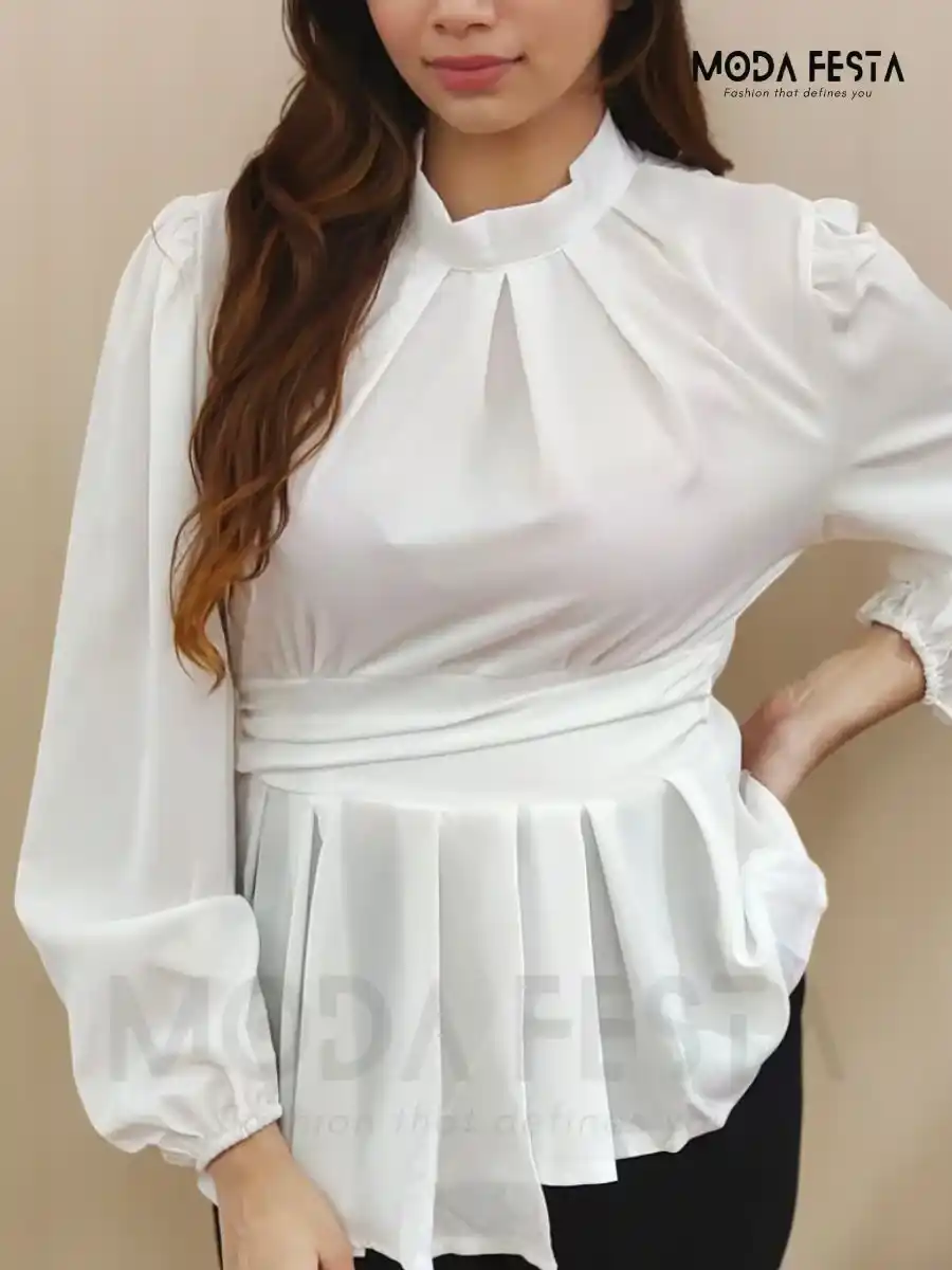 ModaFesta -white-high-neck-peplum-top