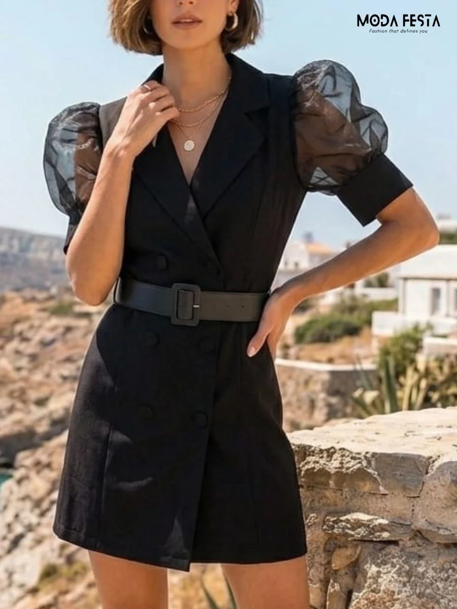 ModaFesta -black-double-breasted-blazer-dress-with-sheer-puff-sleeves