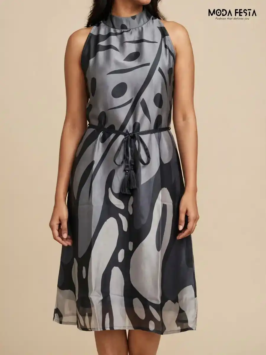 Grey and Black Abstract Printed Halter Dress