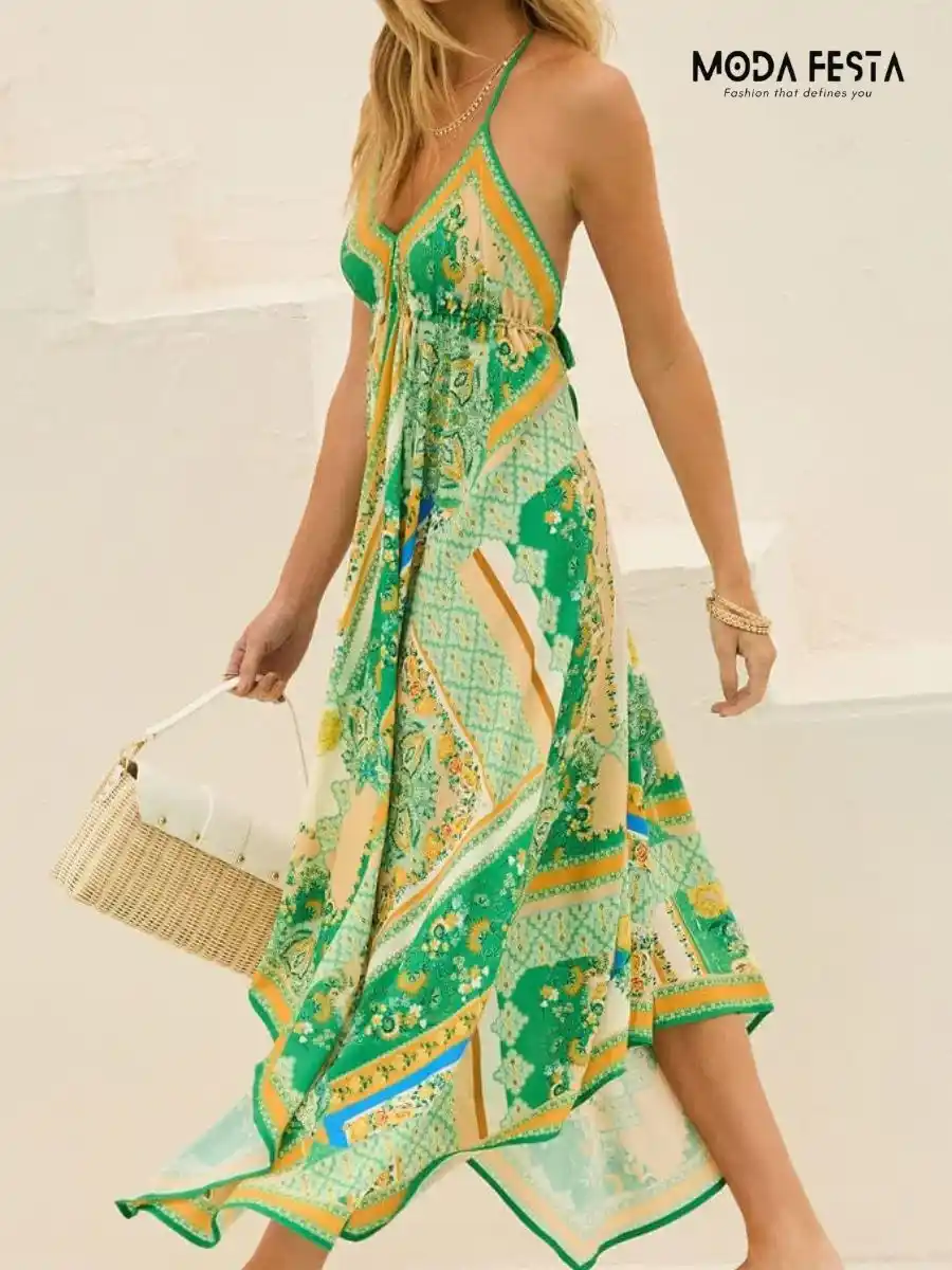 ModaFesta -tropical-vacation-halter-neck-dress-green