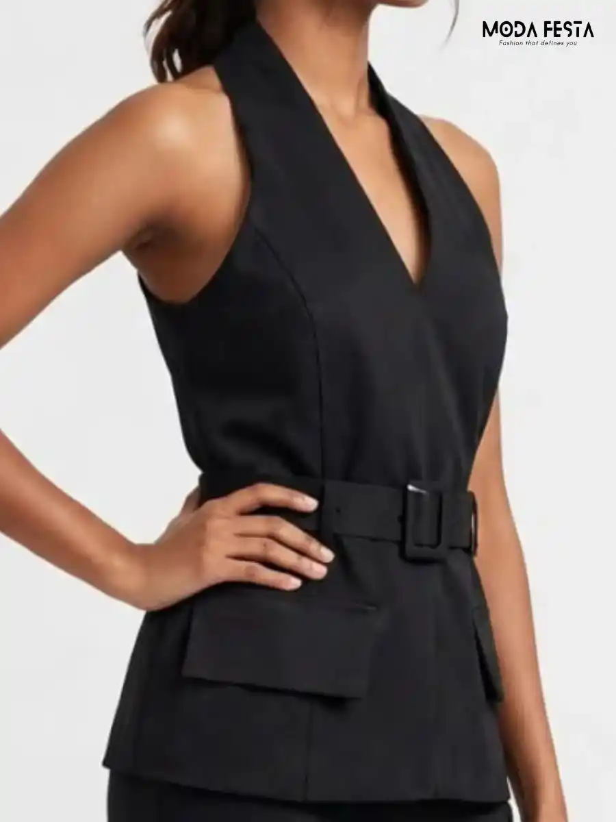 ModaFesta -elegant-black-v-neck-belted-peplum-top