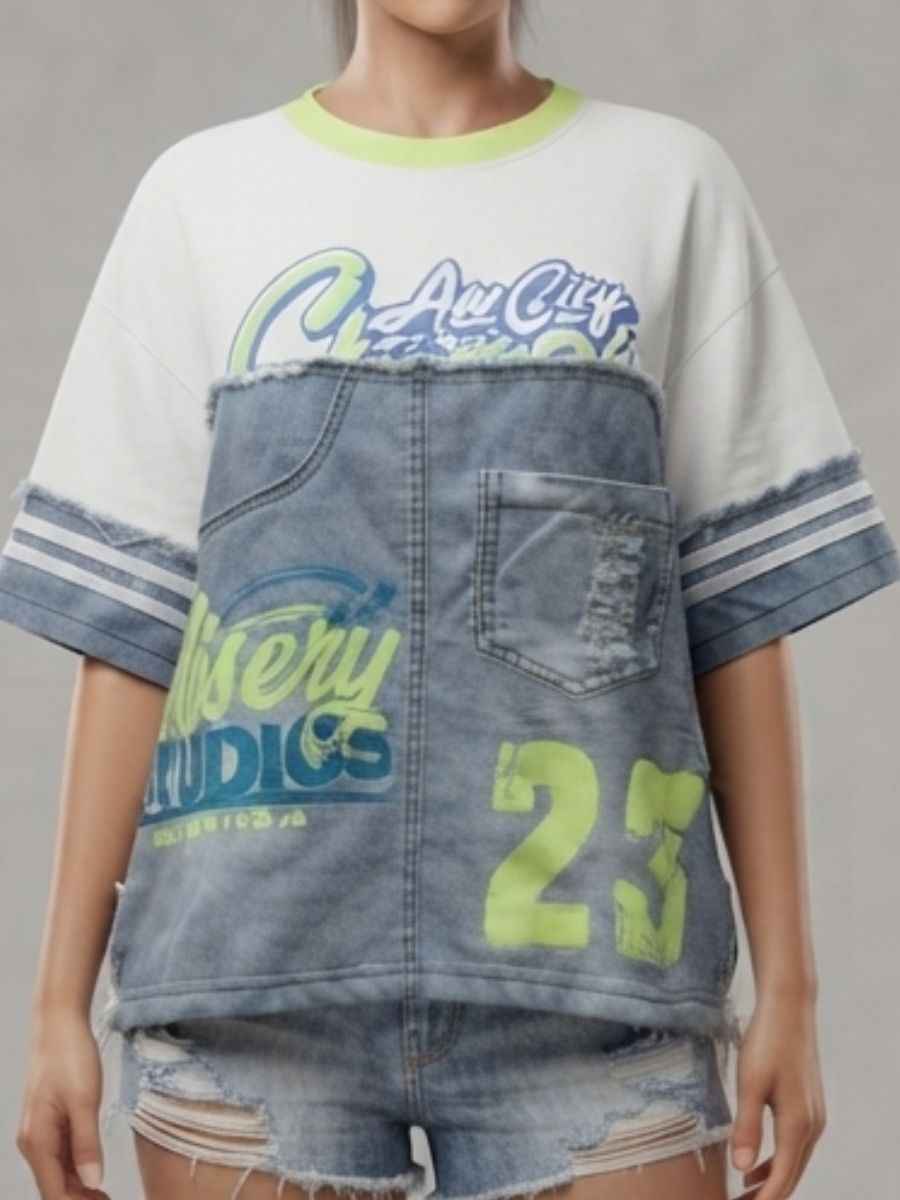 ModaFesta -grey-white-patchwork-denim-graphic-statement-top