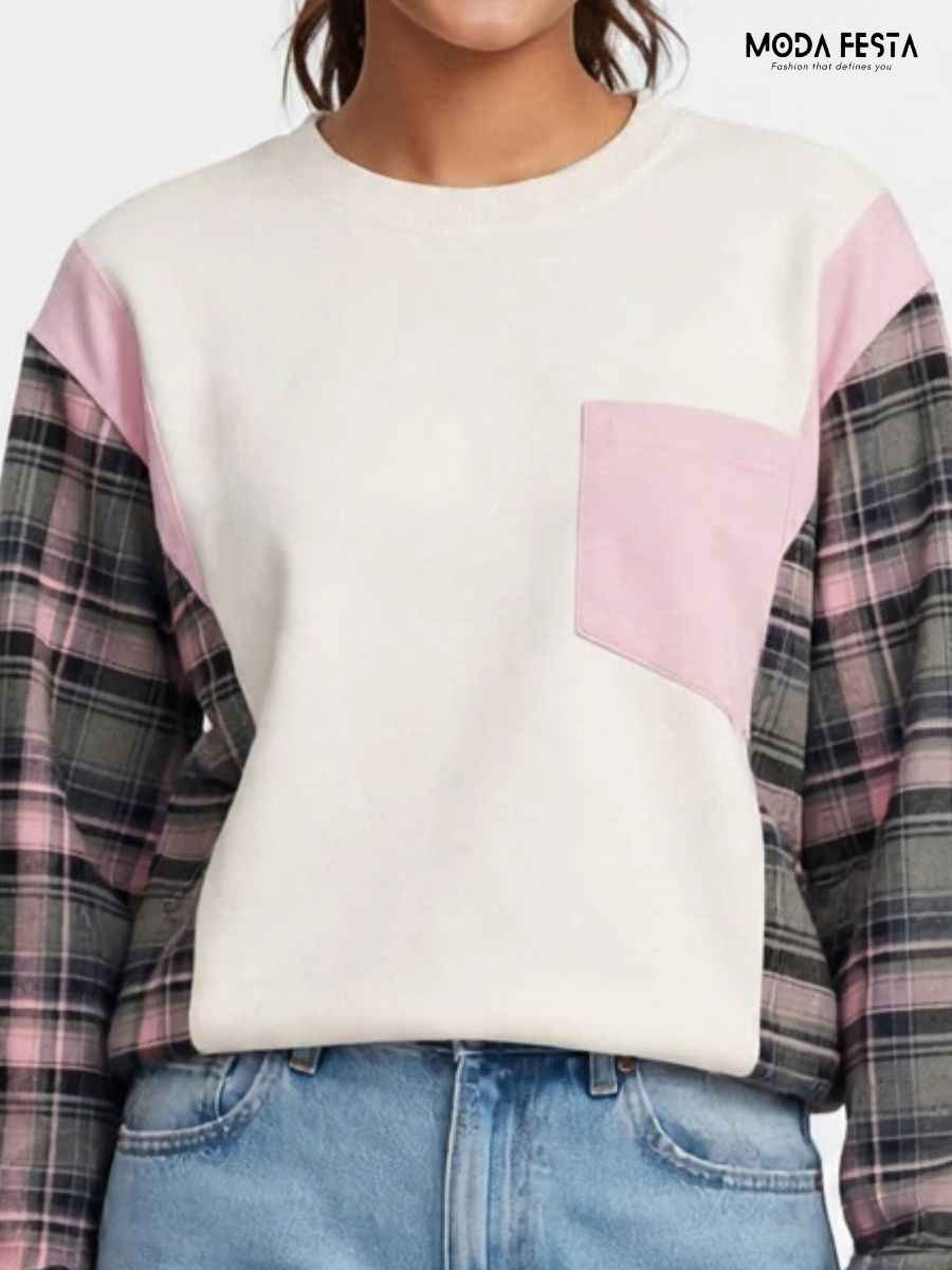 Pink Plaid Patchwork Pocket Knit Sweatshirt