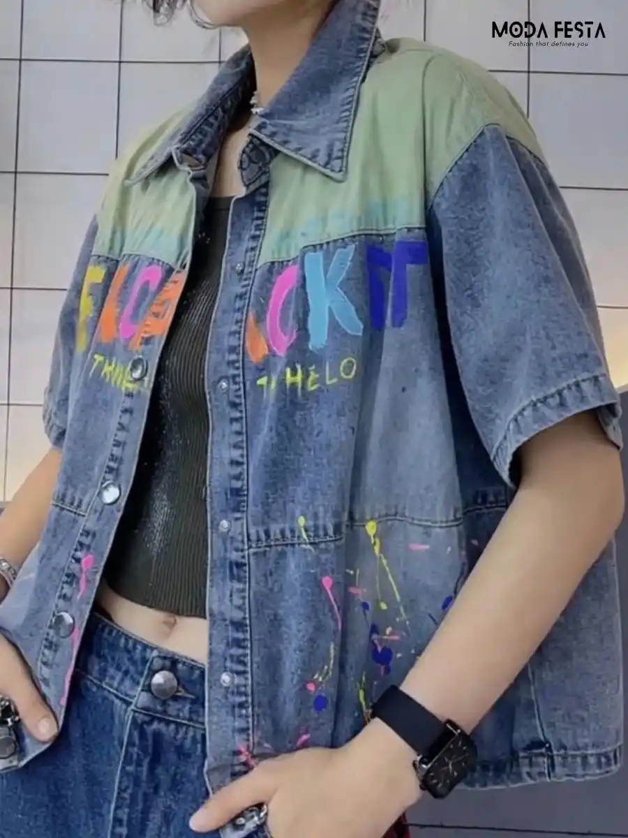 ModaFesta -korean-text-print-shirt-denim-colourblock