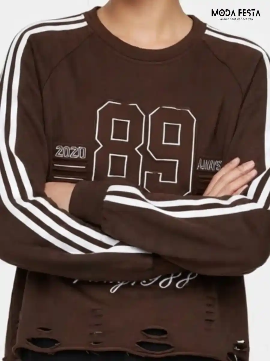ModaFesta -graphic-distressed-striped-sleeve-sweatshirt