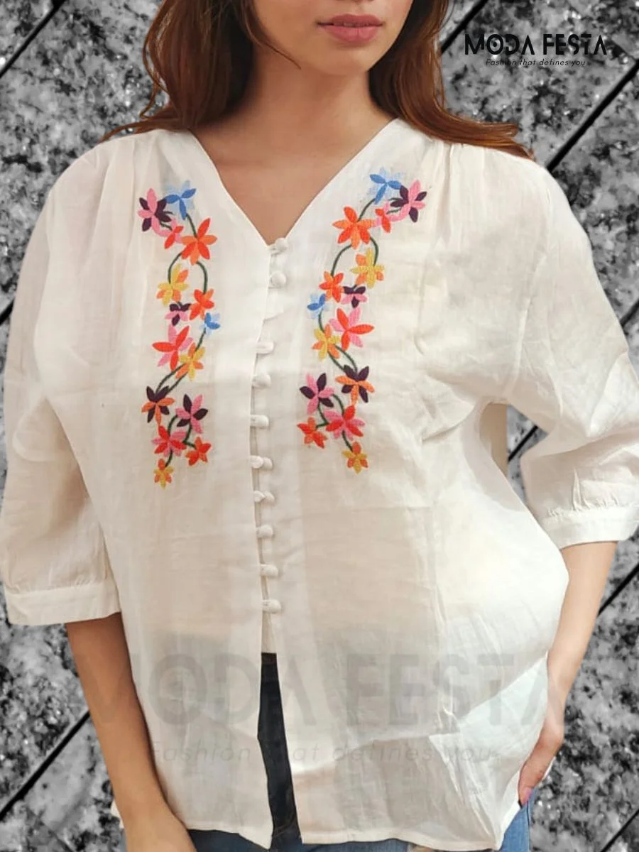 ModaFesta -embroidered-linen-v-neck-top-white-mid-lenght