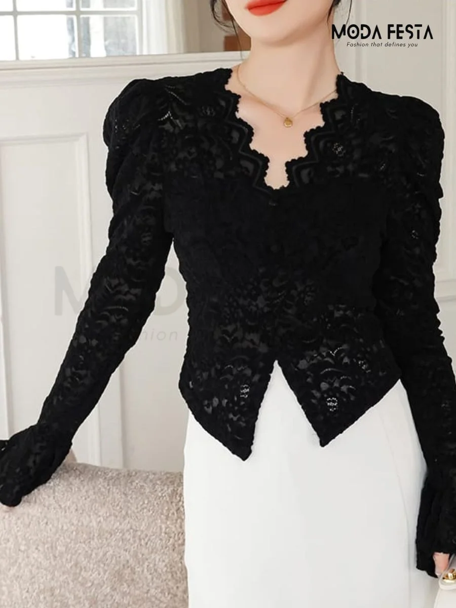 ModaFesta -v-neck-lace-top-black
