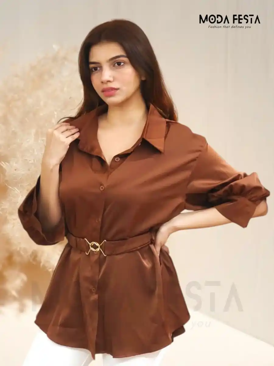 ModaFesta -brown-shirt-with-stylish-belt-for-women