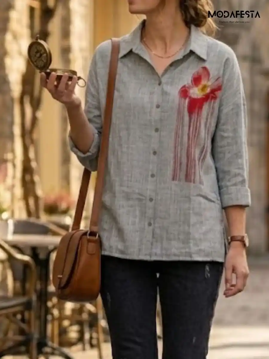 ModaFesta -classy-graphic-floral-long-shirt-grey