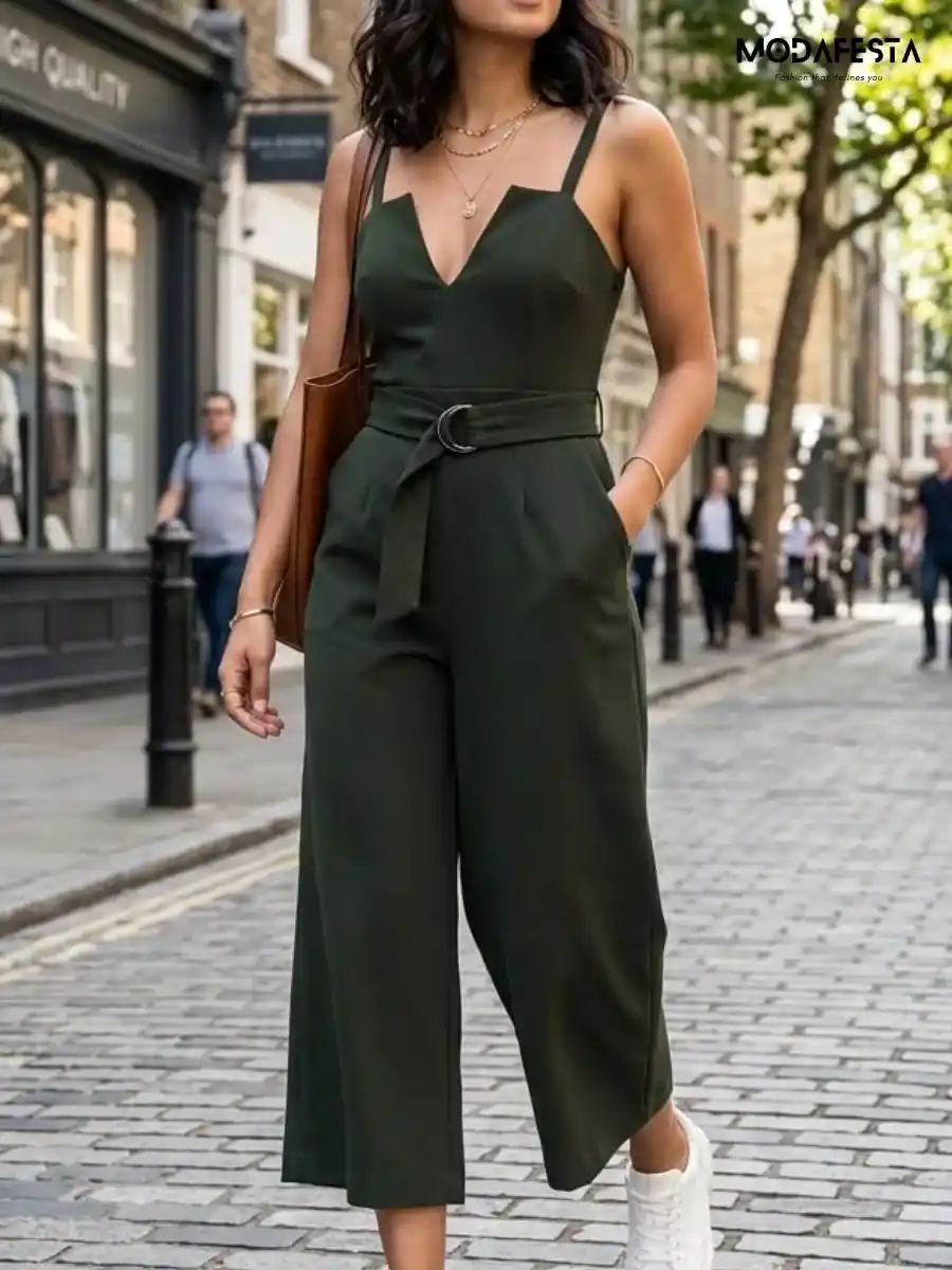 ModaFesta -elegant-jumpsuits-casual-v-neck-olive-green