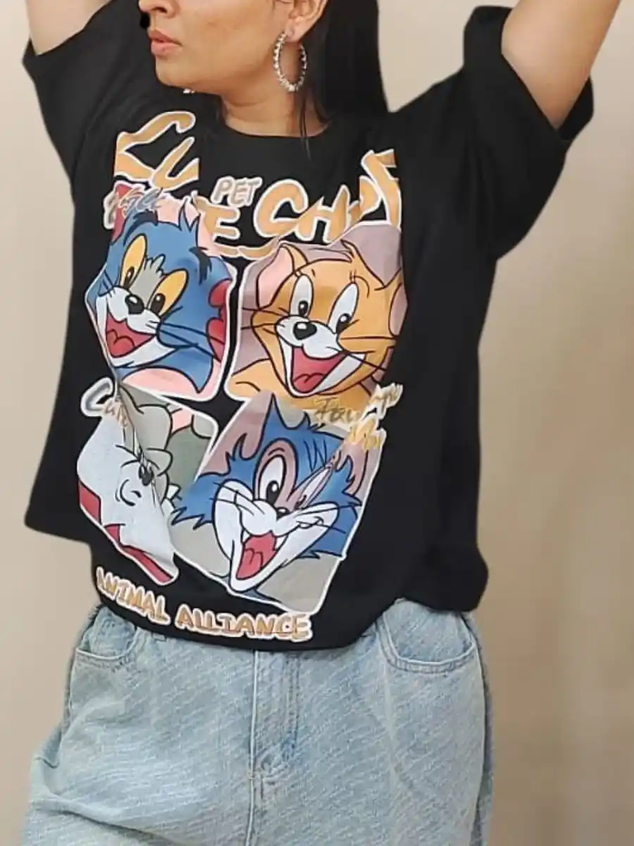 ModaFesta -elegant-tom-and-jerry-print-tshirt-black