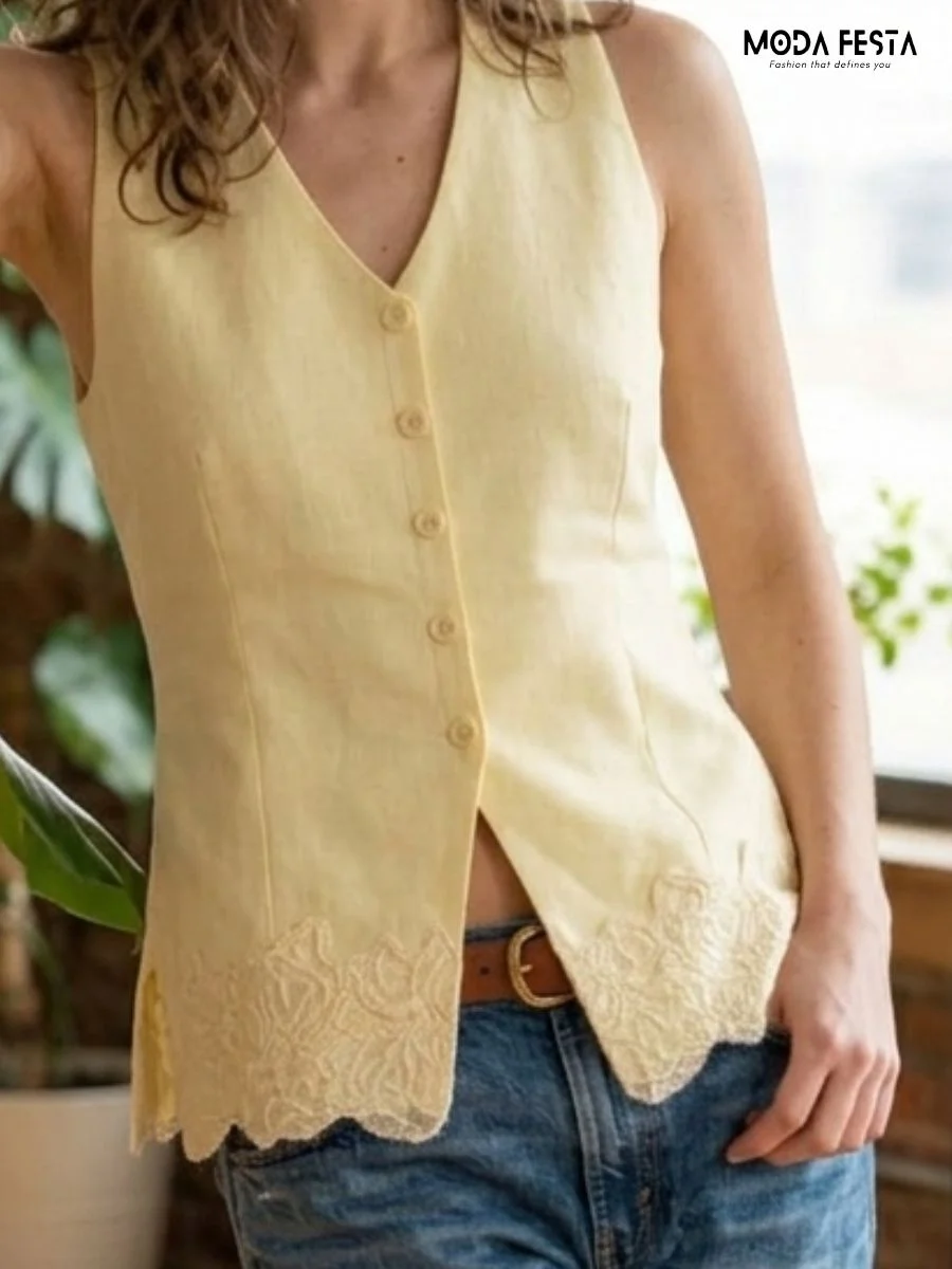 ModaFesta -pale-yellow-linen-waistcoat-top-with-a-scalloped-lace-hem