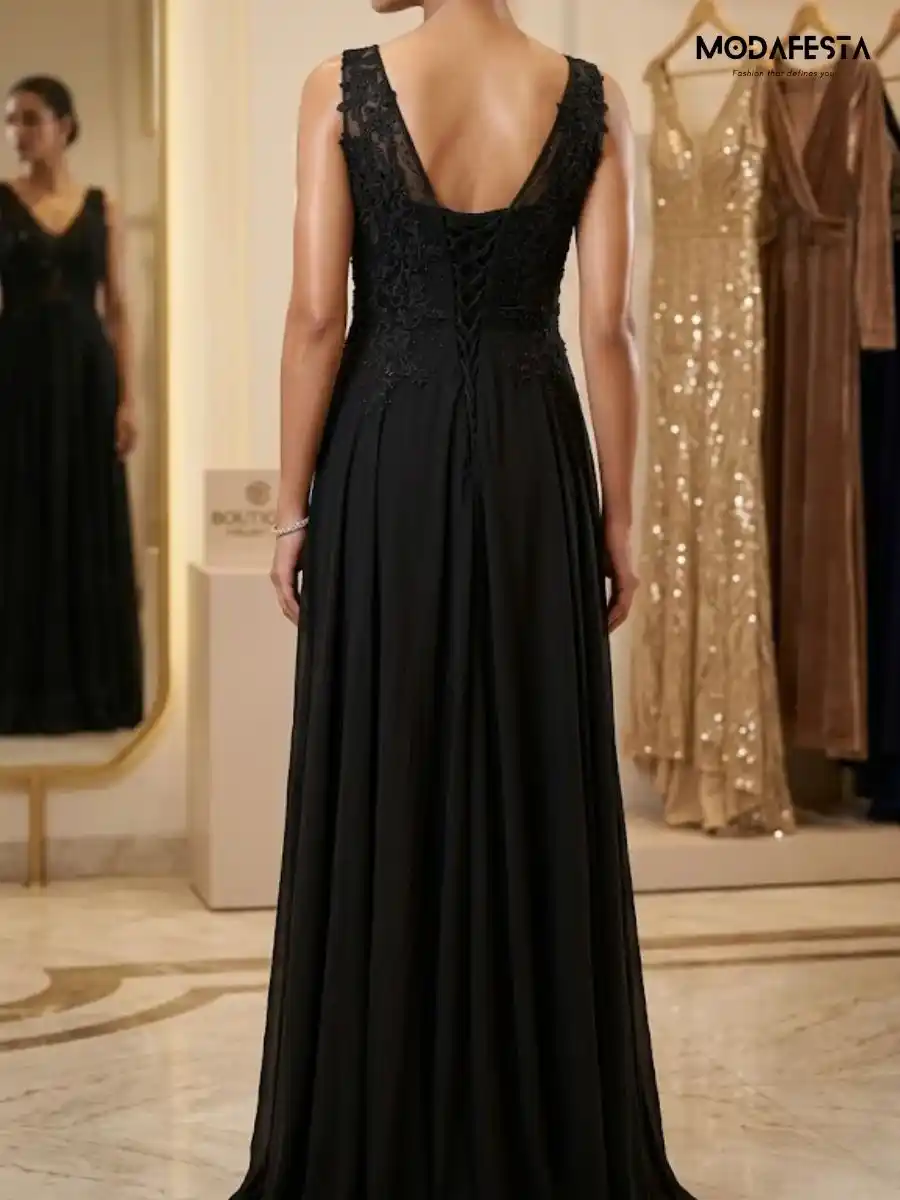 ModaFesta -elegant-v-neck-floral-lace-gown-black